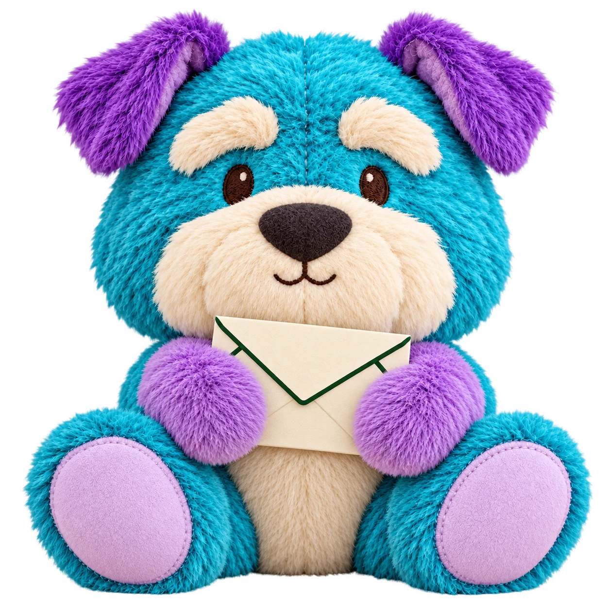 Blue and purple schnauzer plush holding an envelope