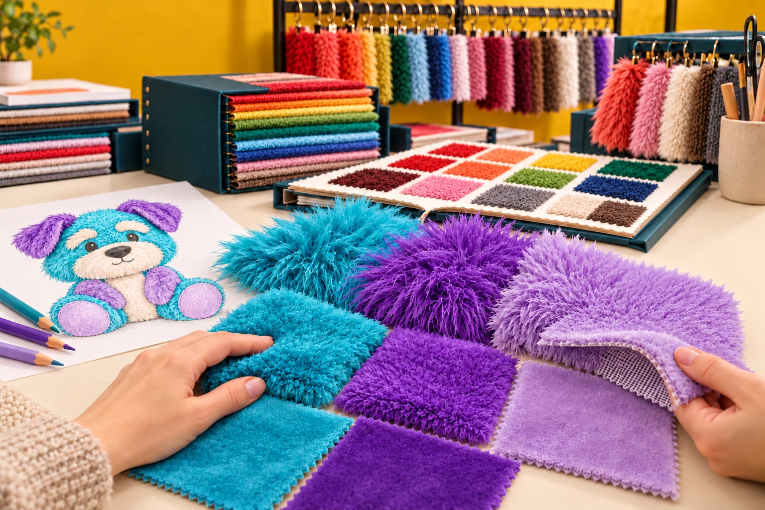 Designer comparing turquoise, purple and lavender fabrics with different pile heights in a multicolor fabric library