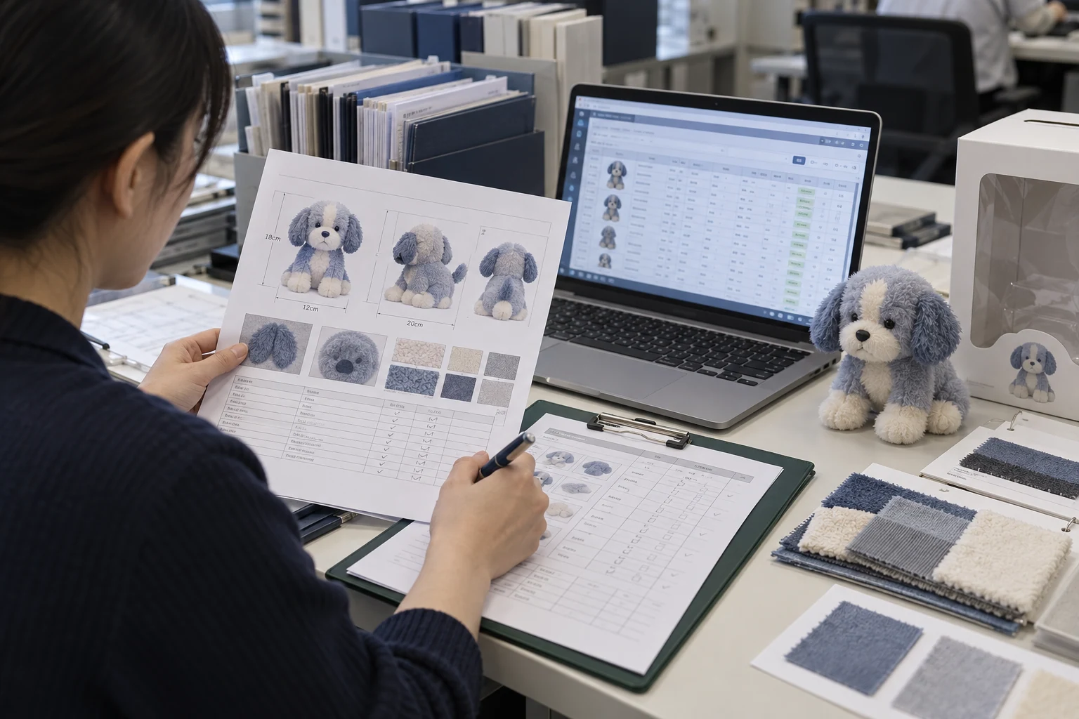 Order planning with a matching plush sample, fabric swatches and order management software — AI-created illustration