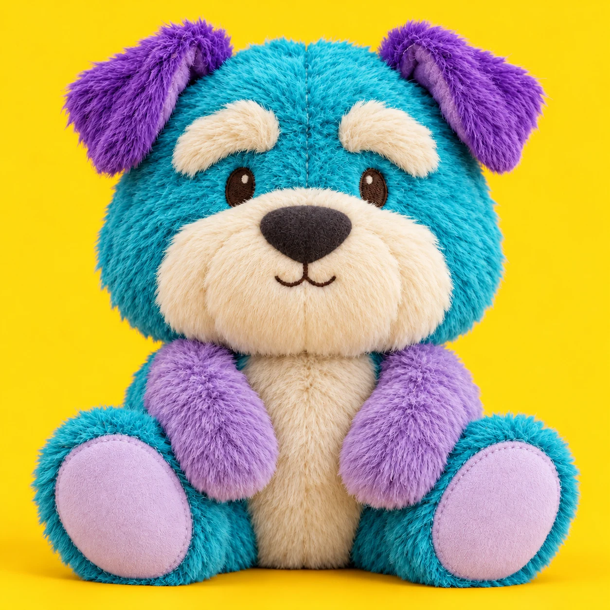 Seated turquoise and violet schnauzer plush toy with embroidered eyes, ivory beard and realistic sewn seams
